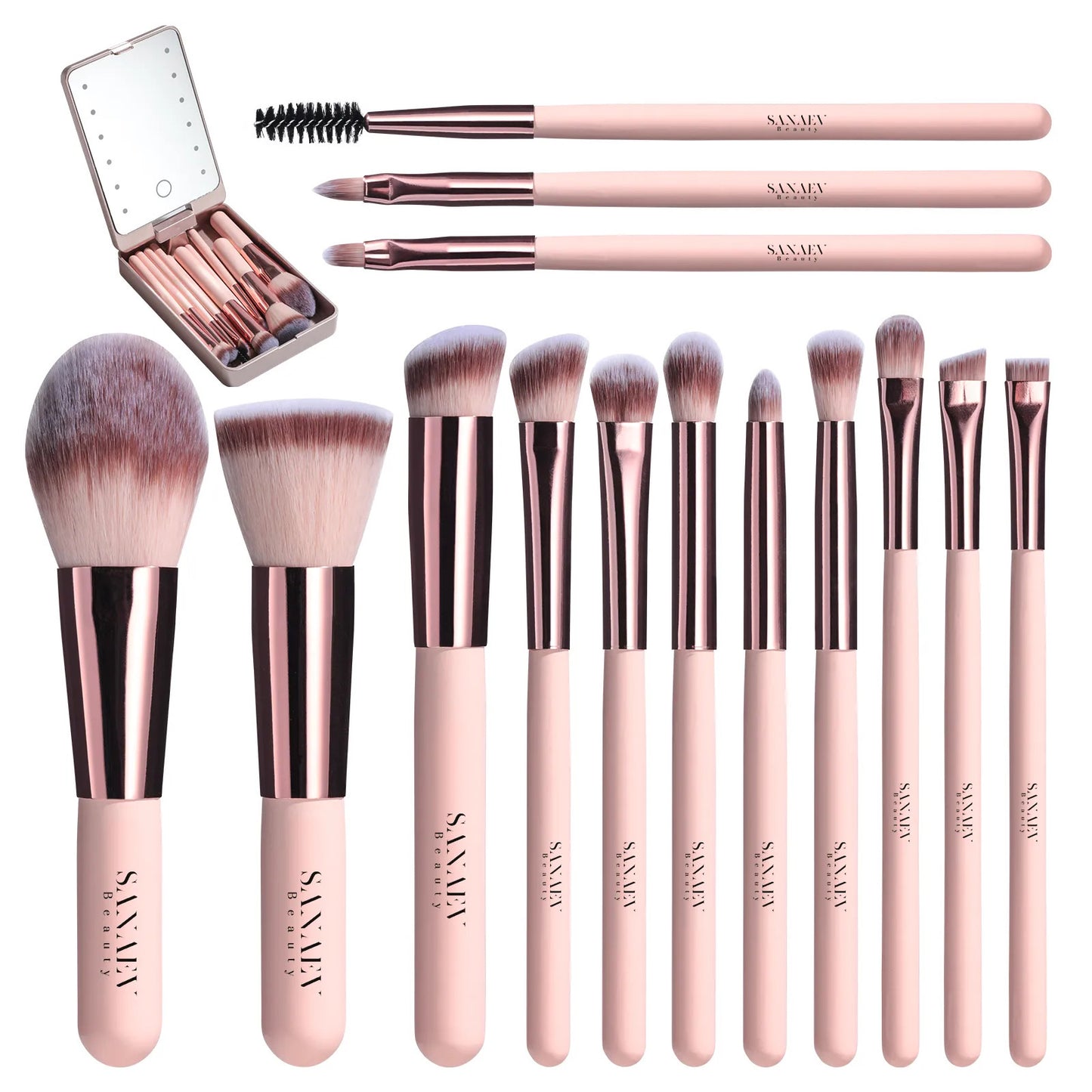 Travel Makeup Brushes Set Case with Mirror and Light